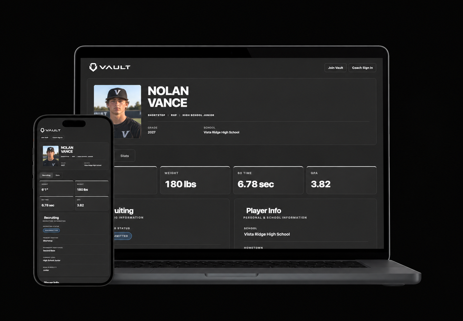 Nolan Vance's Player Vault profile displayed on a laptop and phone